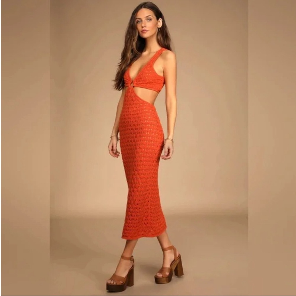 Beachside Bliss Orange Knit Cutout Sleeveless Midi Dress